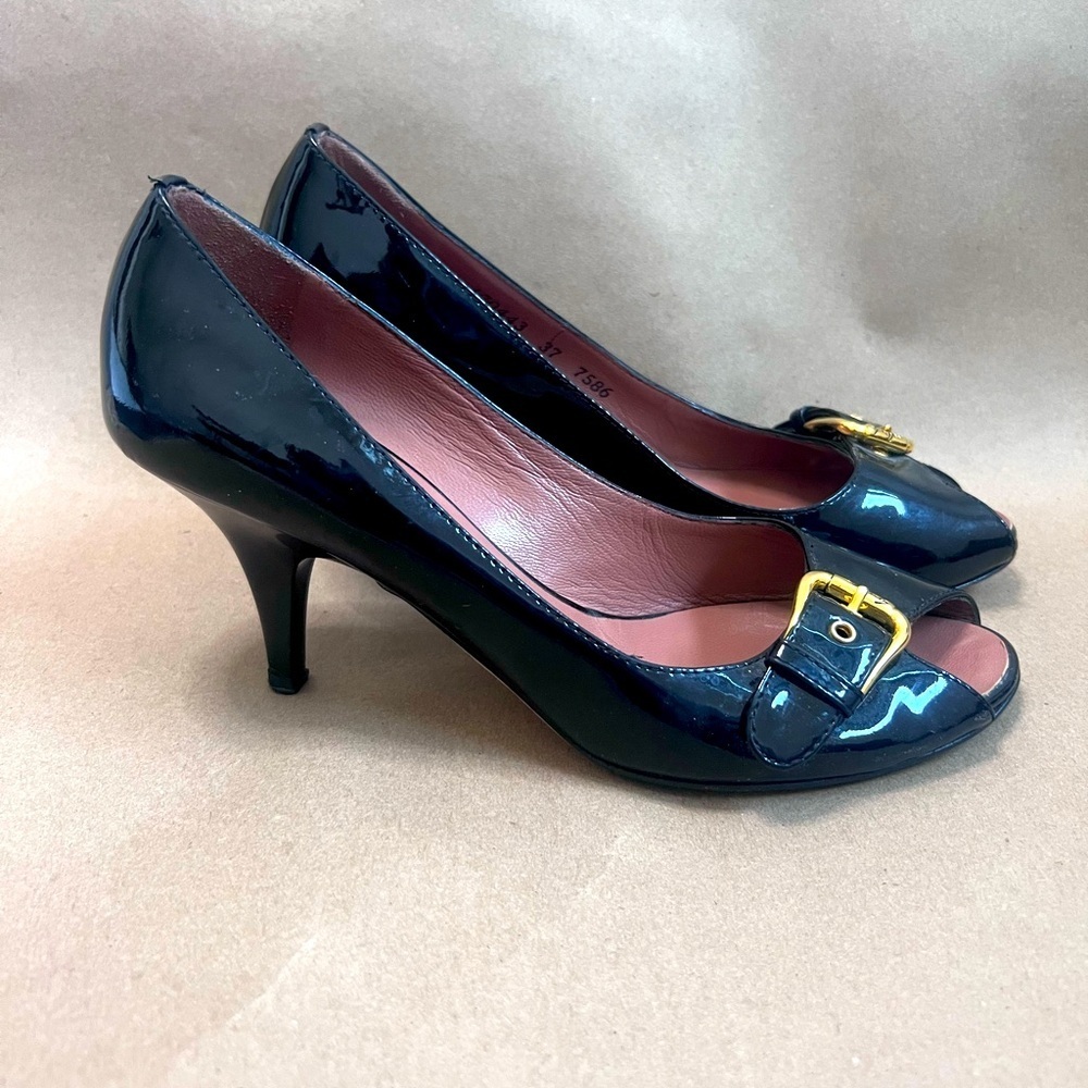 Giuseppe Zanotti Women’s Black Patent With Gold Buckle Peep Toe Heels 37